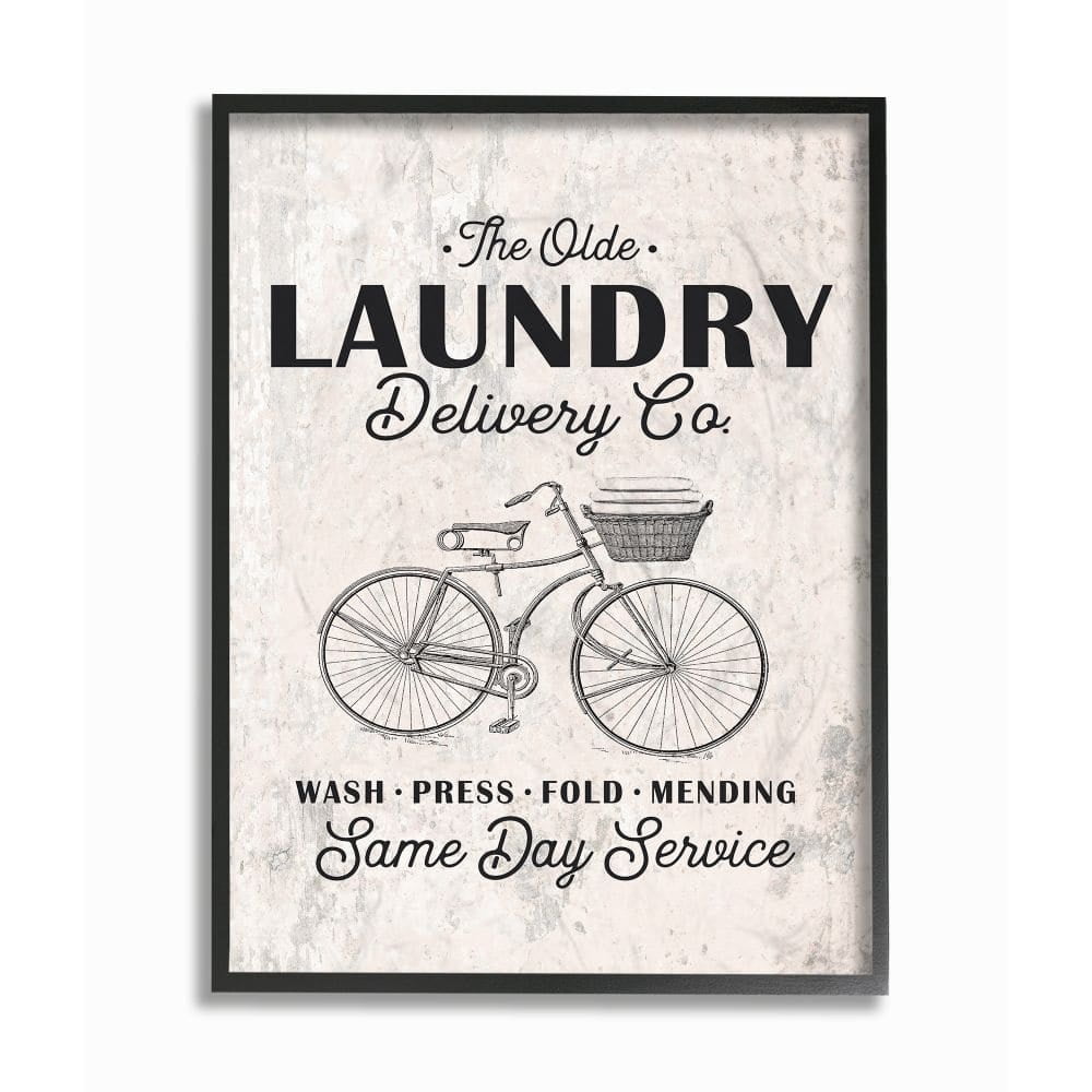 The Stupell Home Decor Collection Black on White Washed Texture Laundry Delivery Co Same Day Service Bike Illustration Framed Giclee Texturized Art, 16 x 20