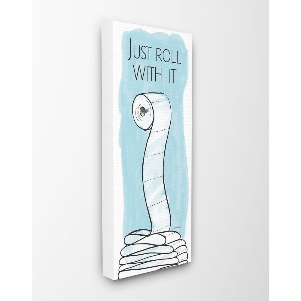The Stupell Home Decor Collection Black White and Blue Just Roll With It Toilet Paper Drawing Canvas Wall Art