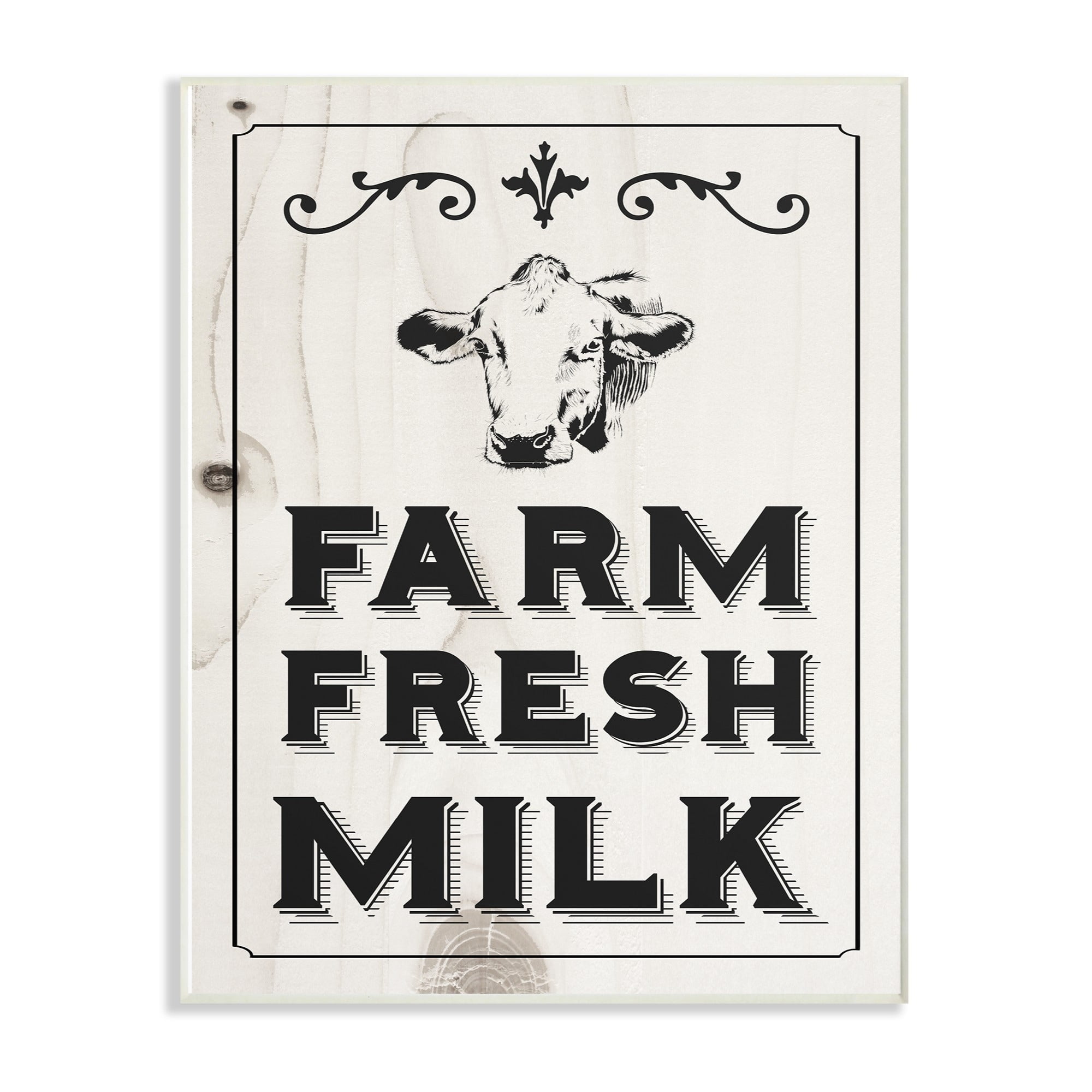 The Stupell Home Decor Collection Black and White Farm Fresh Country Milk Cow Wall Plaque Art, 10 x 0.5 x 15