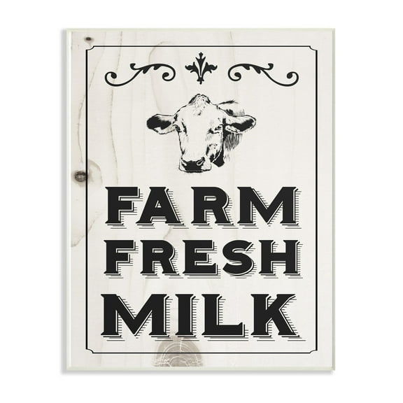 The Stupell Home Decor Collection Black and White Farm Fresh Country Milk Cow Wall Plaque Art, 10 x 0.5 x 15