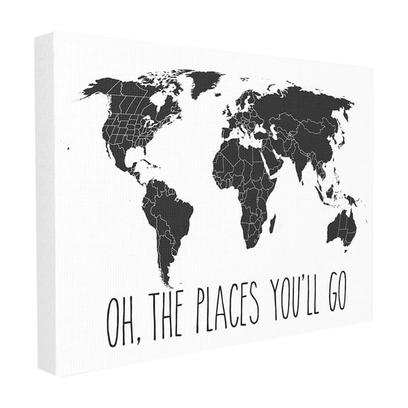 The Stupell Home Decor Collection Black and White Map Oh The Places You'll Go Typography Stretched Canvas Wall Art, 16 x 1.5 x 20