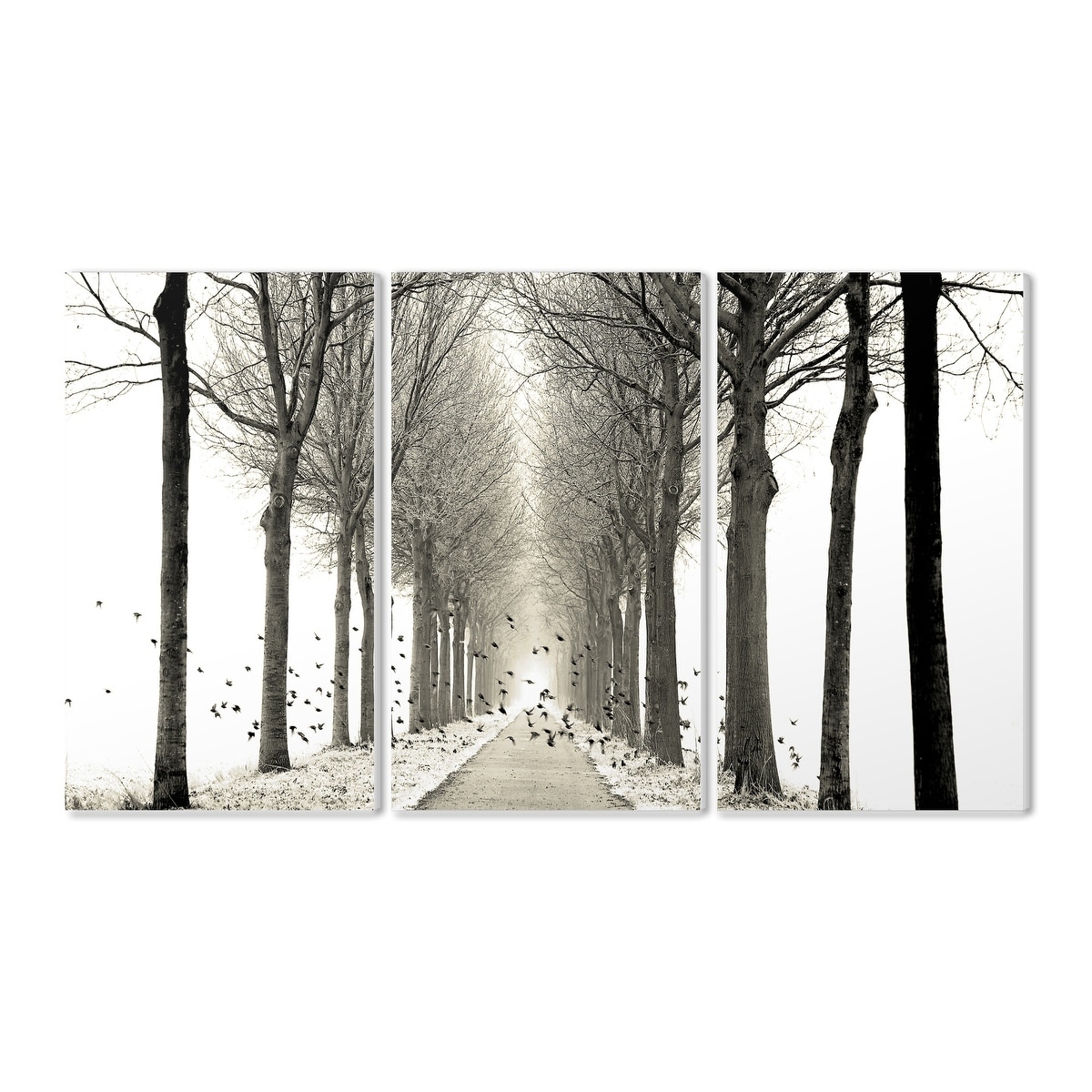 The Stupell Home Decor Collection Black and White Minimal Winter Forest Pathway with Birds Triptych Wall Plaque Art Set, 11 x 17