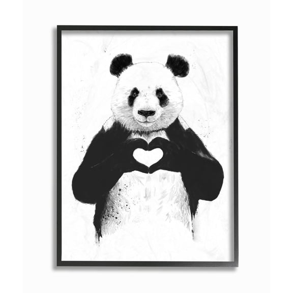 The Stupell Home Decor Collection Black and White Panda Bear Making a Heart Ink Illustration Framed Giclee Texturized Art, 16 x 20