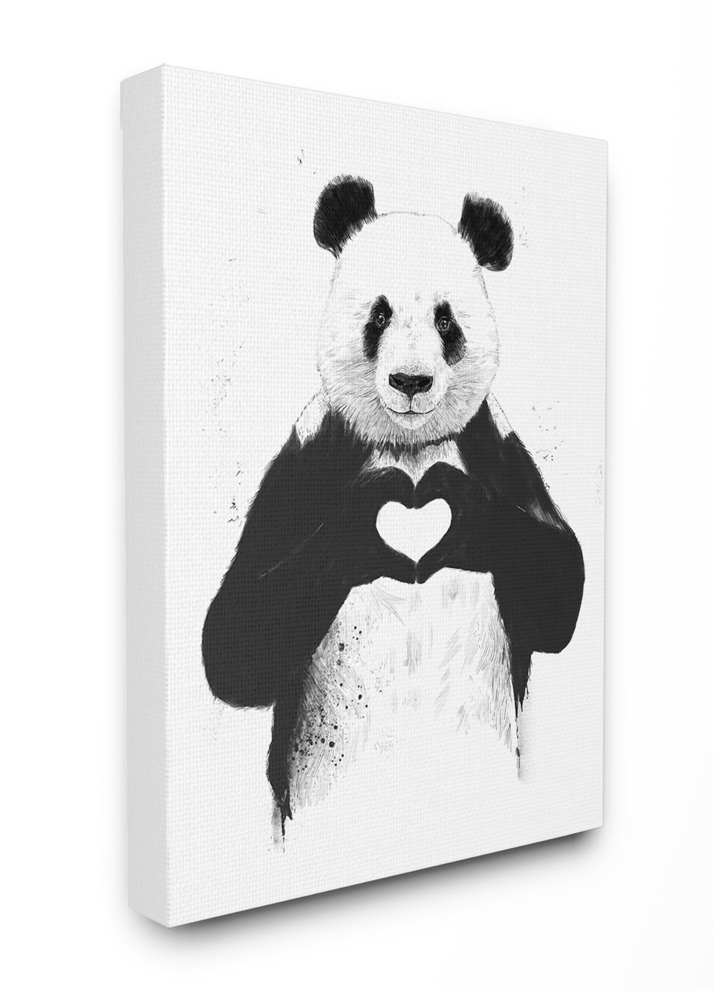 The Stupell Home Decor Collection Black and White Panda Bear Making a Heart Ink Illustration Stretched Canvas Wall Art, 30 x 40