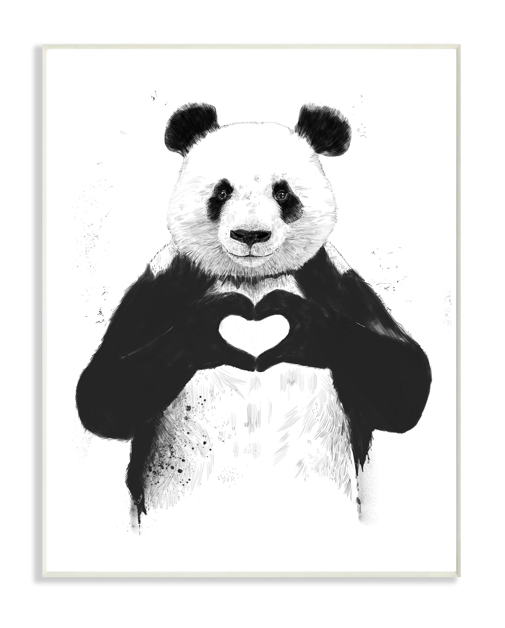 The Stupell Home Decor Collection Black and White Panda Bear Making a Heart Ink Illustration Wall Plaque Art, 10 x 15