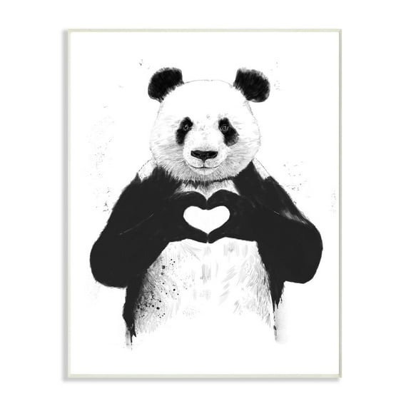 The Stupell Home Decor Collection Black and White Panda Bear Making a Heart Ink Illustration Wall Plaque Art, 12.5 x 18.5