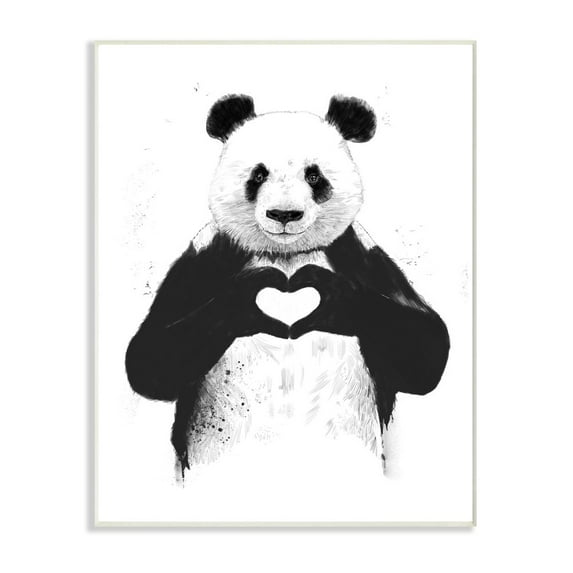 The Stupell Home Decor Collection Black and White Panda Bear Making a Heart Ink Illustration Wall Plaque Art, 12.5 x 18.5