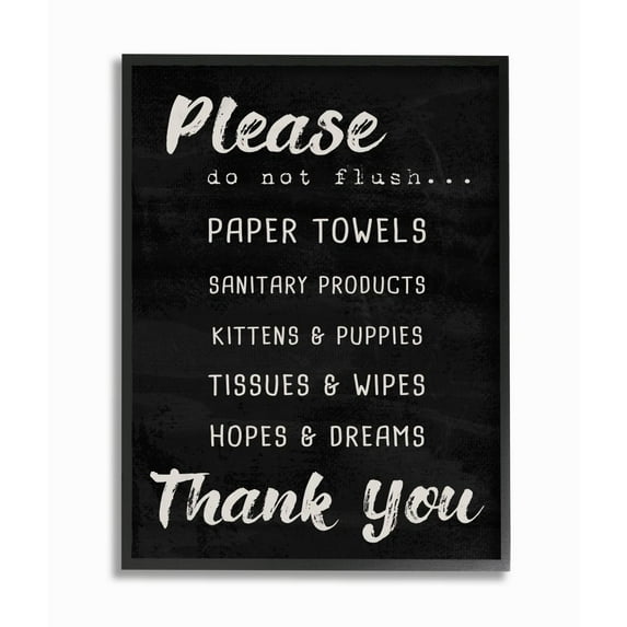 The Stupell Home Decor Collection Black and White Please Do Not Flush Hopes and Dreams Brush Typography Black Framed Giclee Texturized Art