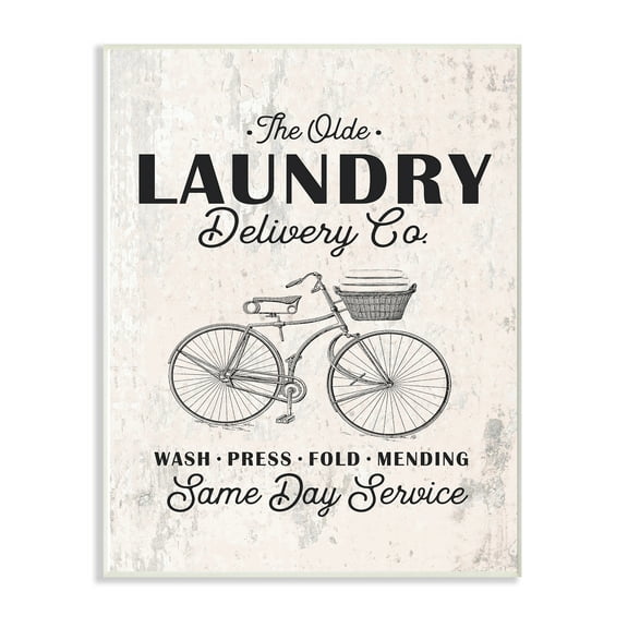 The Stupell Home Decor Collection Black on White Washed Texture Laundry Delivery Co Same Day Service Bike Illustration Wall Plaque Art, 12.5 x 18.5