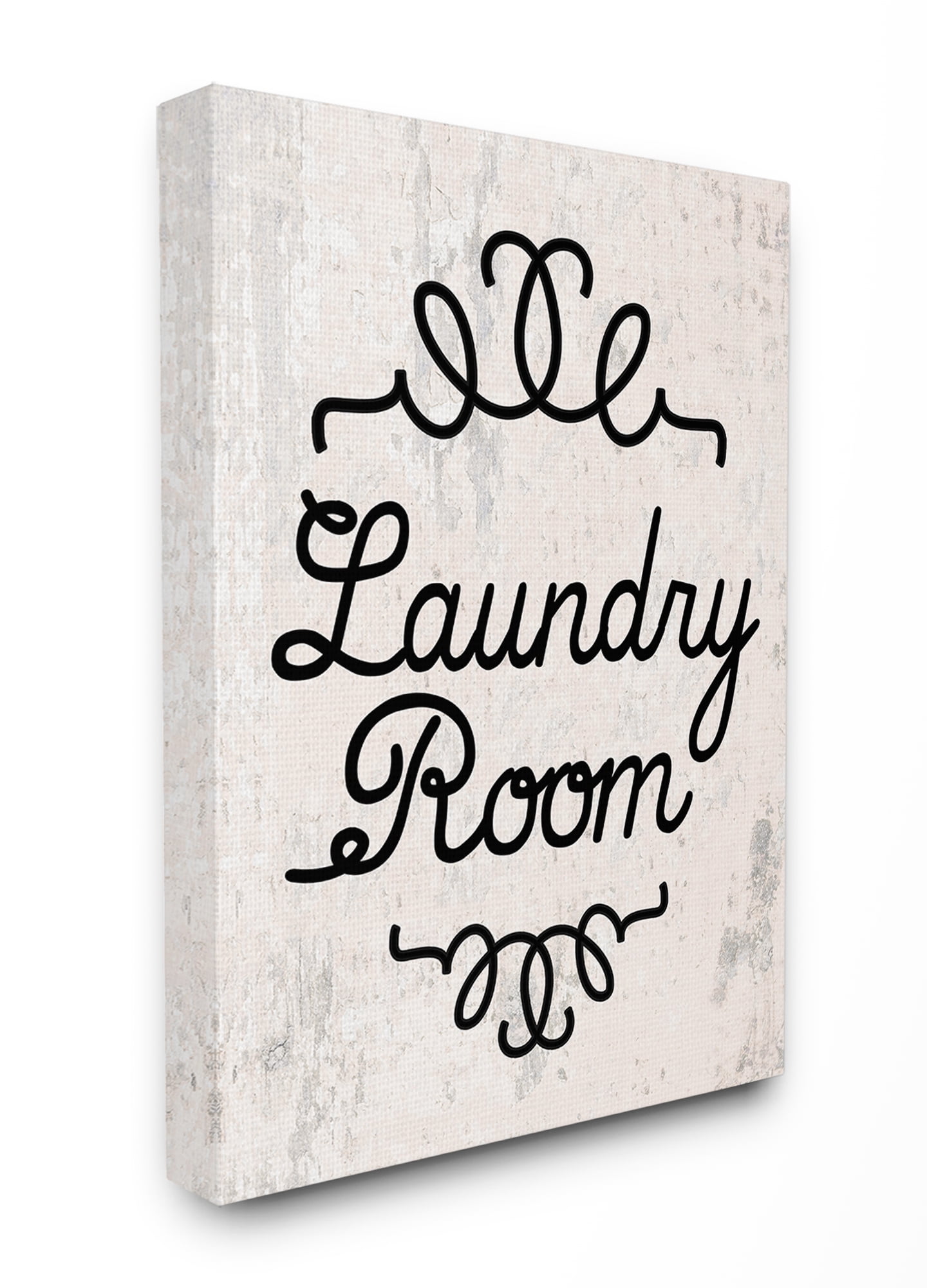The Stupell Home Decor Collection Black on White Washed Texture Laundry Room Cursive Typography Stretched Canvas Wall Art, 16 x 20