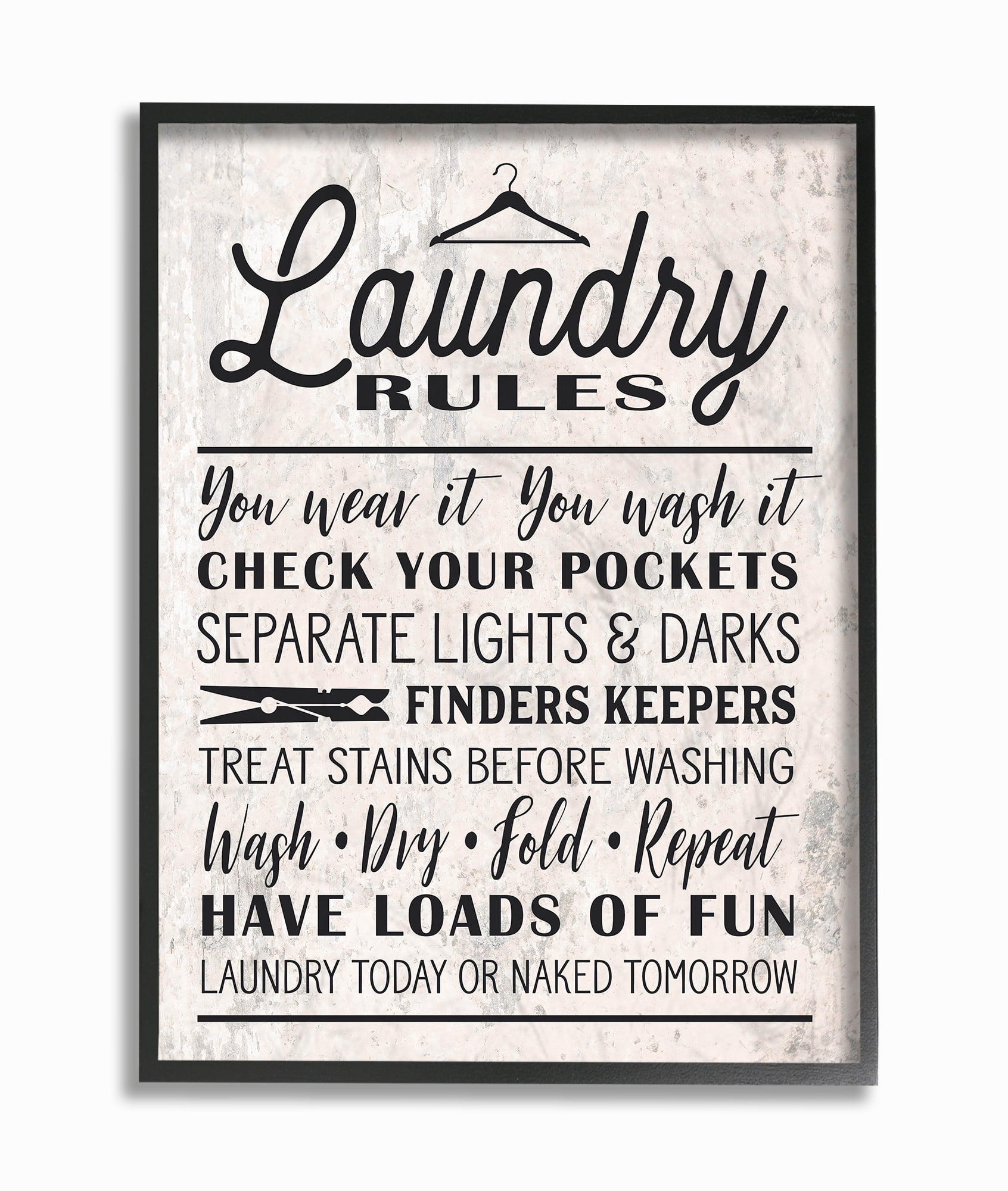 The Stupell Home Decor Collection Black on White Washed Texture Laundry Rules Typography with Icons Framed Giclee Texturized Art, 11 x 14