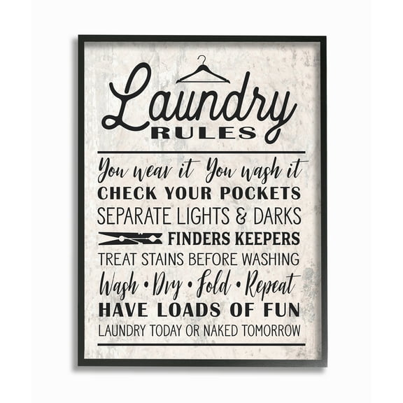 The Stupell Home Decor Collection Black on White Washed Texture Laundry Rules Typography with Icons Framed Giclee Texturized Art, 11 x 14