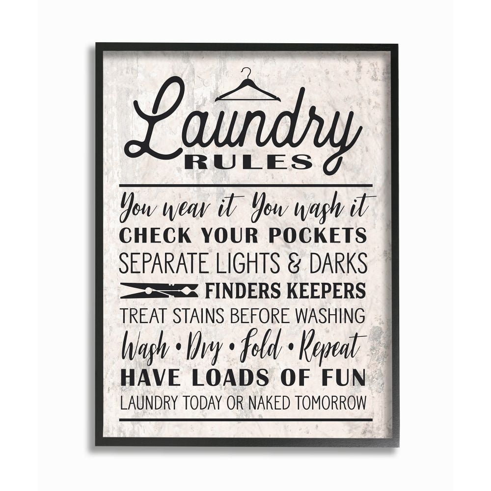 The Stupell Home Decor Collection Black on White Washed Texture Laundry Rules Typography with Icons Framed Giclee Texturized Art, 16 x 20