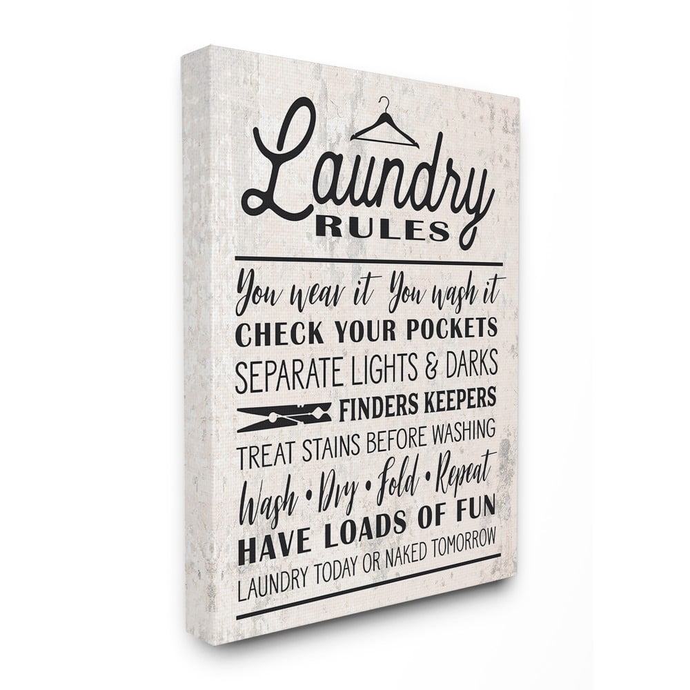 The Stupell Home Decor Collection Black on White Washed Texture Laundry Rules Typography with Icons Stretched Canvas Wall Art, 24 x 30
