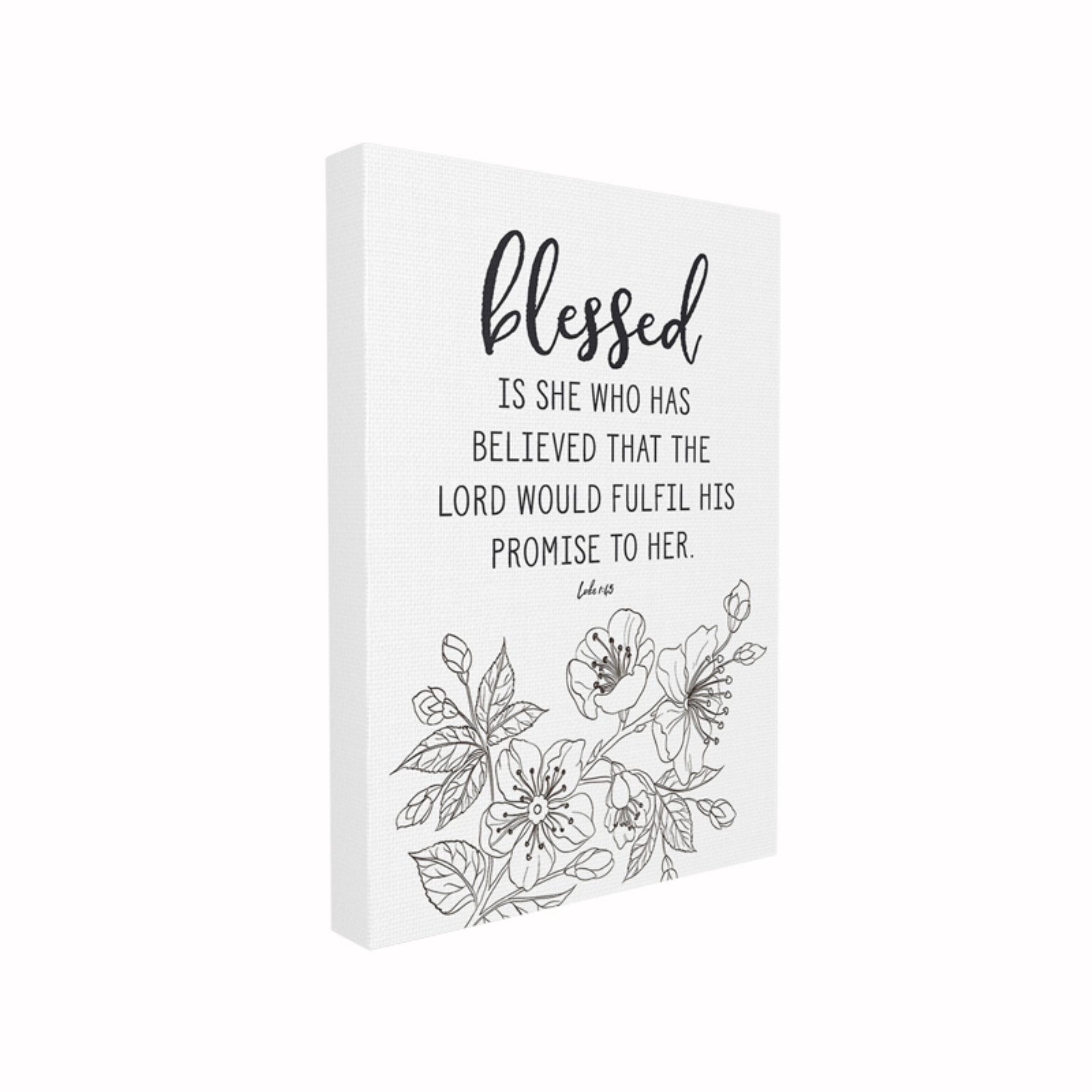 The Stupell Home Decor Collection Blessed Is She Black and White Passionflower Floral Typography Oversized Stretched Canvas Wall Art, 24 x 1.5 x 30