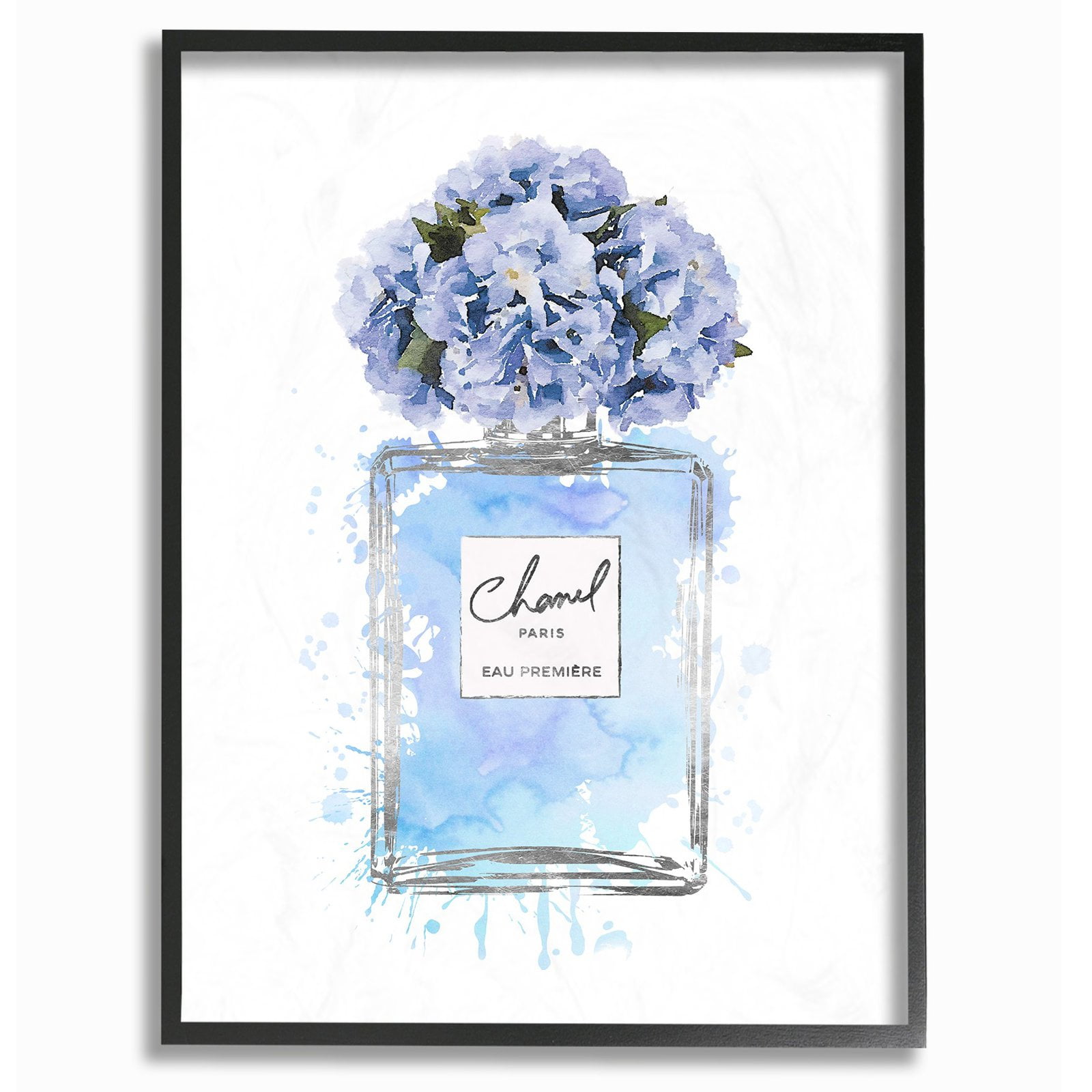 Blue Flowers Perfume Bottle Watercolor Framed Wall Art, 11x14
