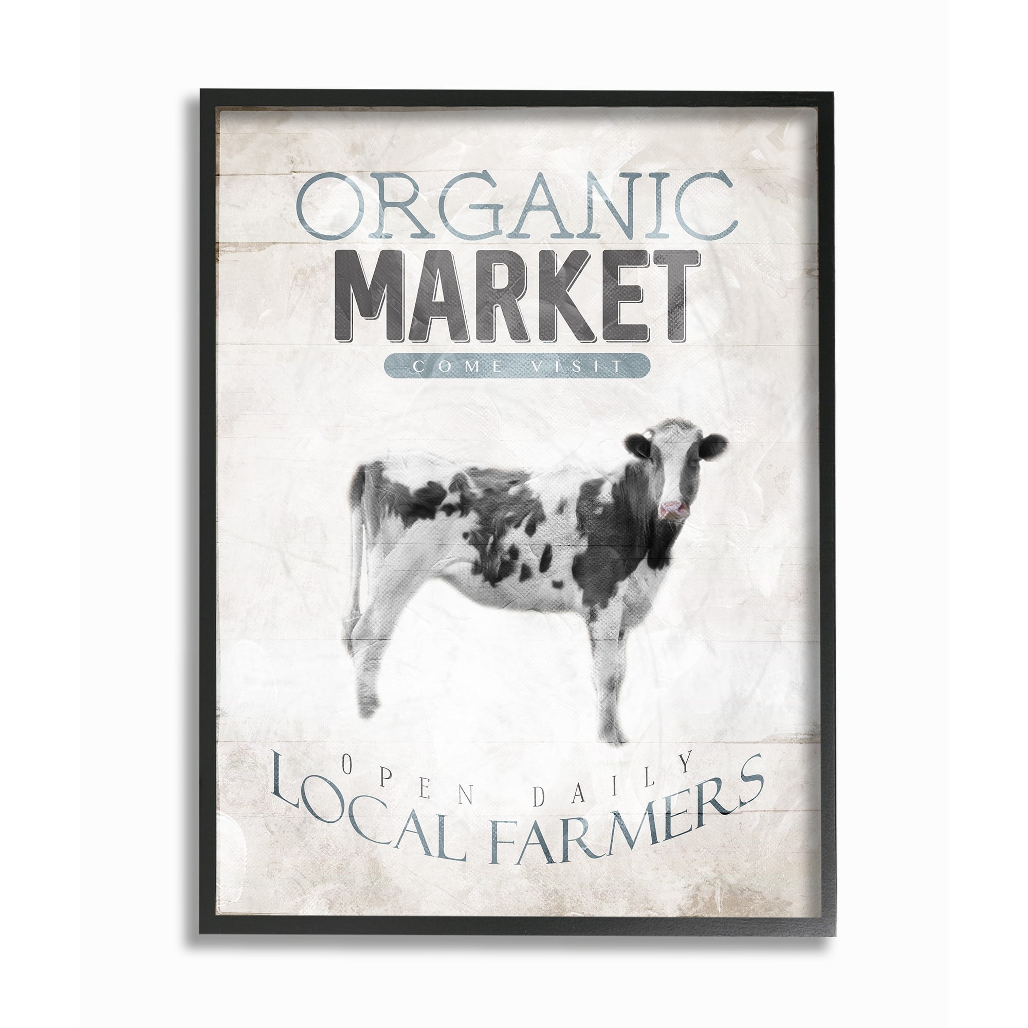 The Stupell Home Decor Collection Blue Grey and White Organic Market Local Farmers Cow Framed Giclee Texturized Art, 11 x 1.5 x 14