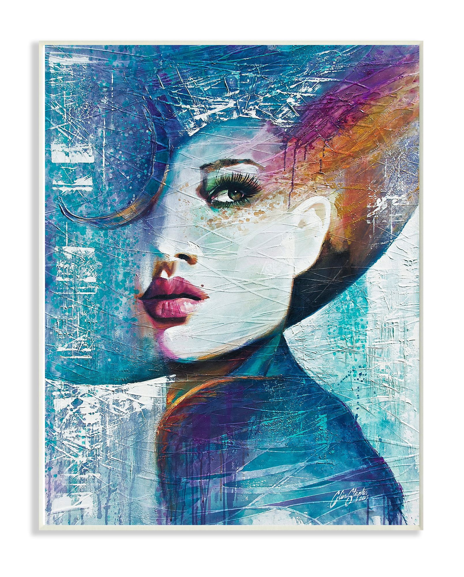 The Stupell Home Decor Collection Blue Orange Purple and Pink Paint Splatter Glam Fashion Portrait Wall Plaque Art, 10 x 0.5 x 15