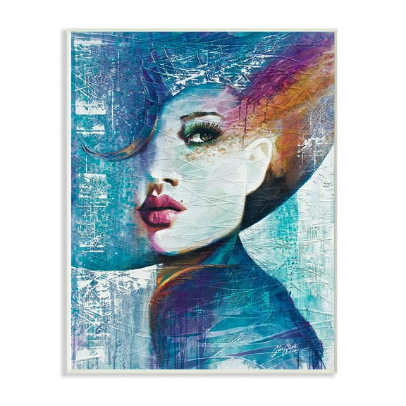 The Stupell Home Decor Collection Blue Orange Purple and Pink Paint Splatter Glam Fashion Portrait Wall Plaque Art, 10 x 0.5 x 15
