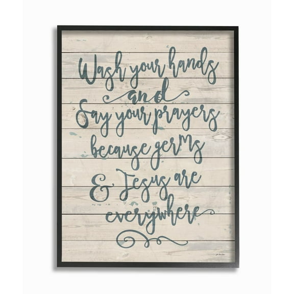 The Stupell Home Decor Collection Blue Script Germs and Jesus Cursive Planked Look Typography Black Framed Giclee Texturized Art