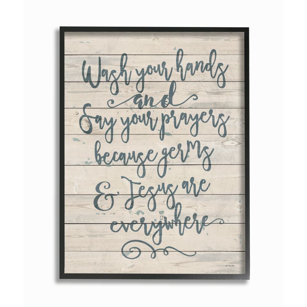 The Stupell Home Decor Collection Blue Script Germs and Jesus Cursive Planked Look Typography Black Framed Giclee Texturized Art