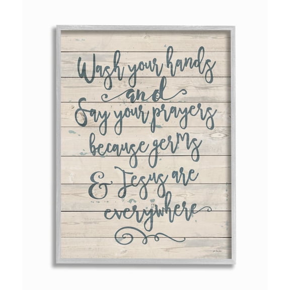 The Stupell Home Decor Collection Blue Script Germs and Jesus Cursive Planked Look Typography Gray Farmhouse Rustic Framed Giclee Texturized Art