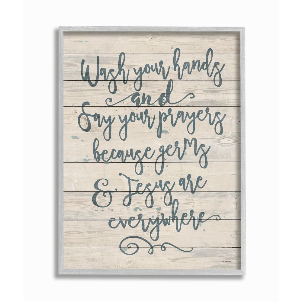 The Stupell Home Decor Collection Blue Script Germs and Jesus Cursive Planked Look Typography Gray Farmhouse Rustic Framed Giclee Texturized Art