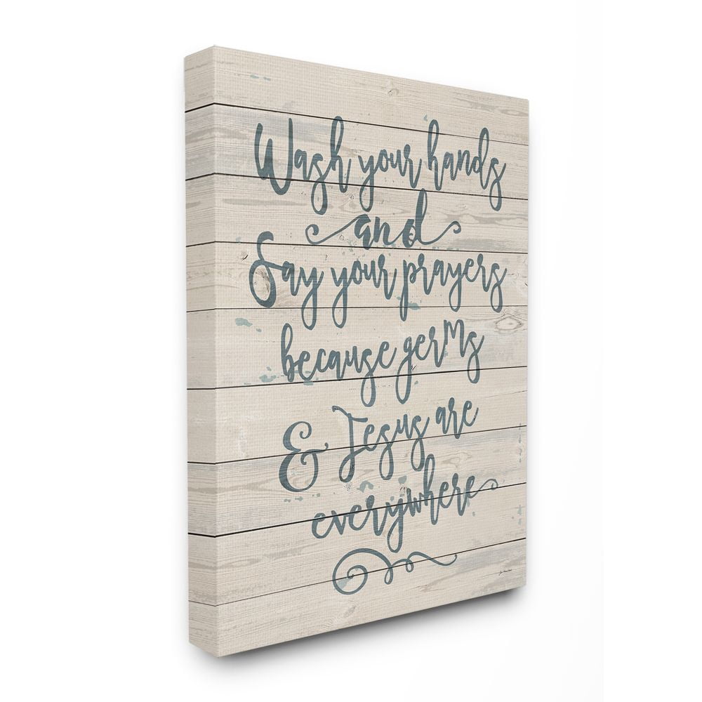 The Stupell Home Decor Collection Blue Script Germs and Jesus Cursive Planked Look Typography Super Canvas Wall Art