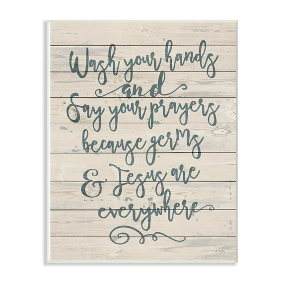 The Stupell Home Decor Collection Blue Script Germs and Jesus Cursive Planked Look Typography Wall Plaque Art