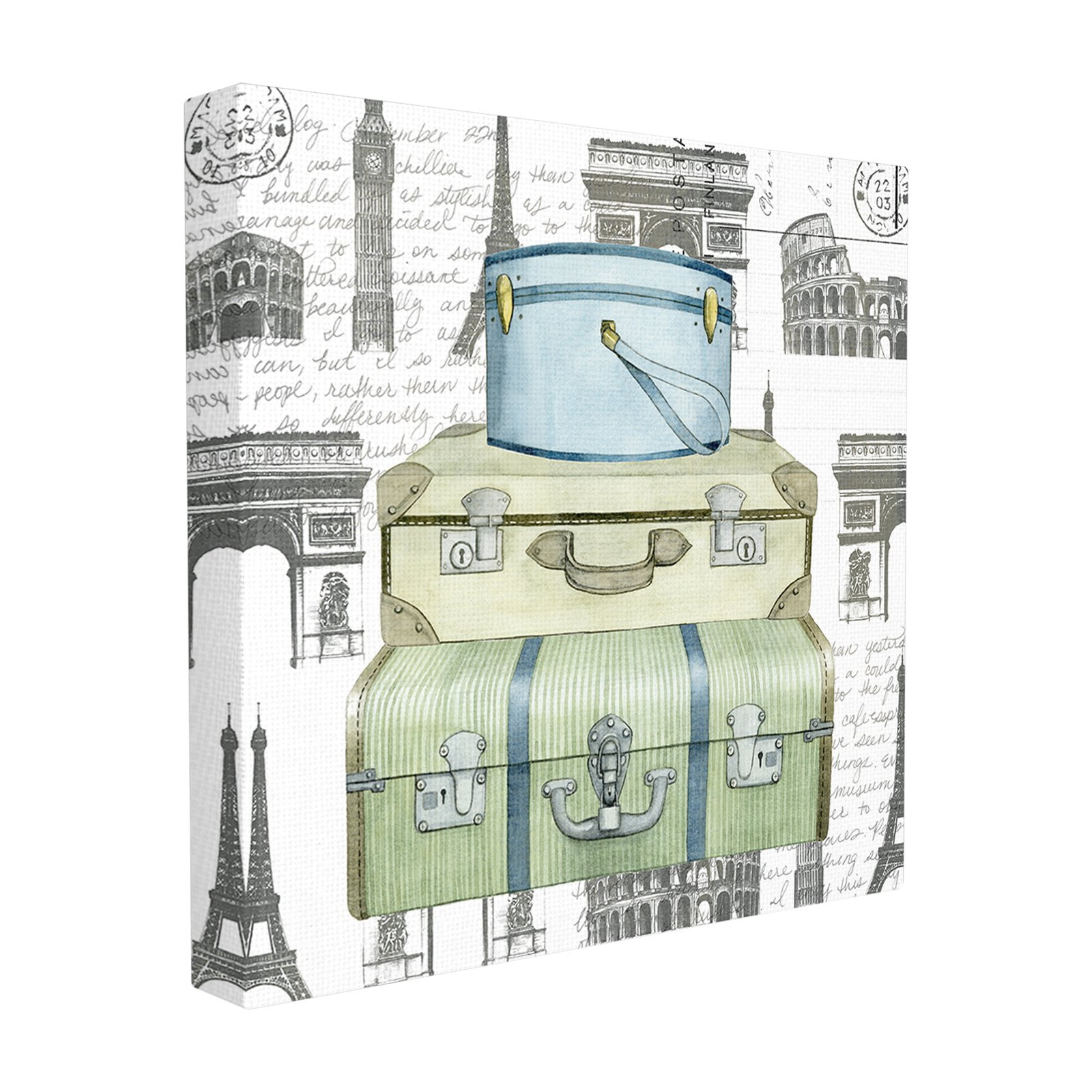 The Stupell Home Decor Collection Blue and Green Travelers Luggage Stack Illustration with Stamps Oversized Stretched Canvas Wall Art, 24 x 1.5 x 24