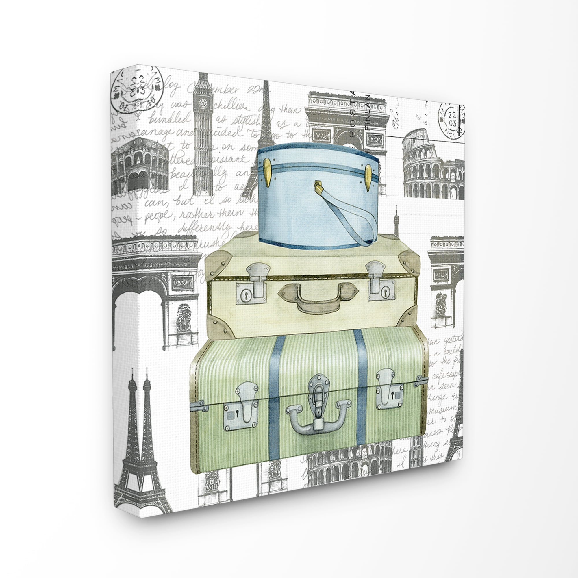The Stupell Home Decor Collection Blue and Green Travelers Luggage Stack Illustration with Stamps Stretched Canvas Wall Art, 17 x 1.5 x 17