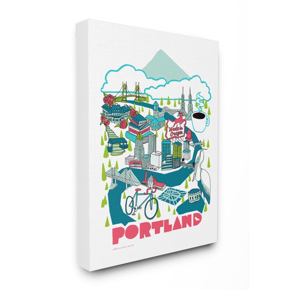 The Stupell Home Decor Collection Blue and Red Portland Scenic Illustrated Poster with Bike and Mountain Canvas Wall Art