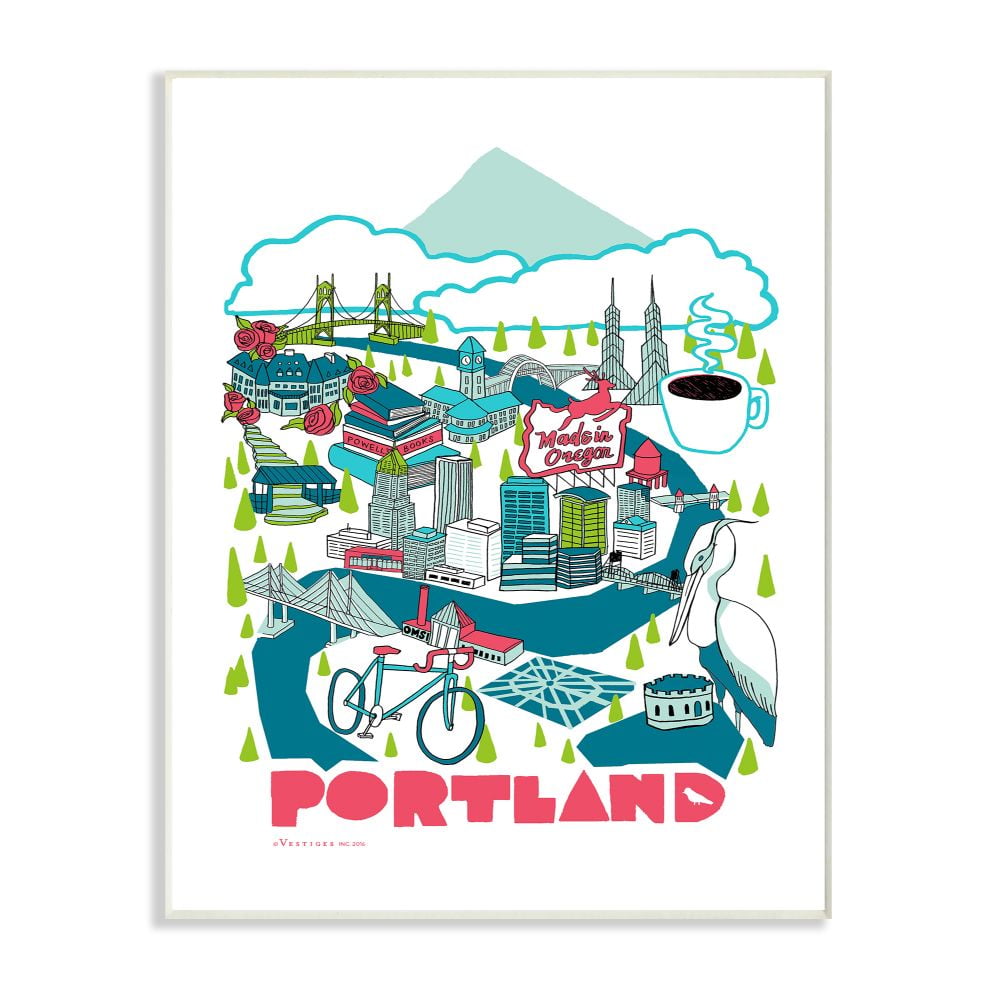 The Stupell Home Decor Collection Blue and Red Portland Scenic Illustrated Poster with Bike and Mountain Wall Plaque Art