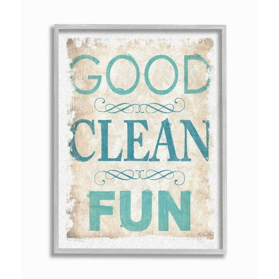 The Stupell Home Decor Collection Blue and Tan Good Clean Fun Burlap Texture Typography Gray Farmhouse Rustic Framed Giclee Texturized Art