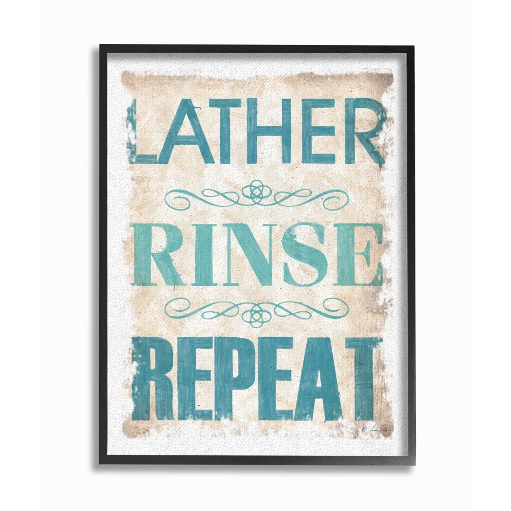 The Stupell Home Decor Collection Blue and Tan Lather Rinse Repeat Burlap Texture Typography Black Framed Giclee Texturized Art