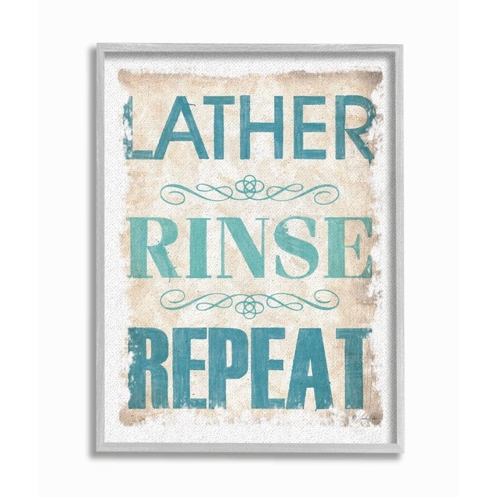 The Stupell Home Decor Collection Blue and Tan Lather Rinse Repeat Burlap Texture Typography Gray Farmhouse Rustic Framed Giclee Texturized Art
