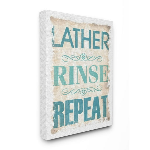 The Stupell Home Decor Collection Blue and Tan Lather Rinse Repeat Burlap Texture Typography Super Canvas Wall Art