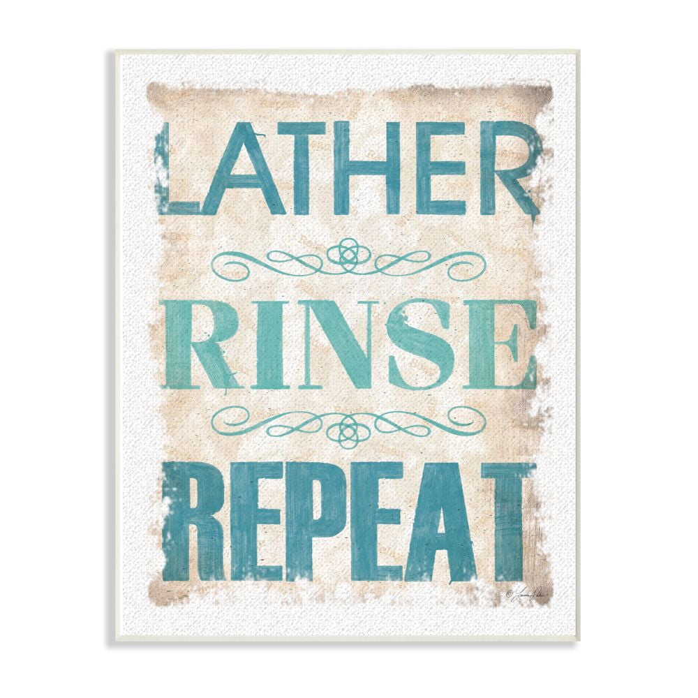 The Stupell Home Decor Collection Blue and Tan Lather Rinse Repeat Burlap Texture Typography Wall Plaque Art
