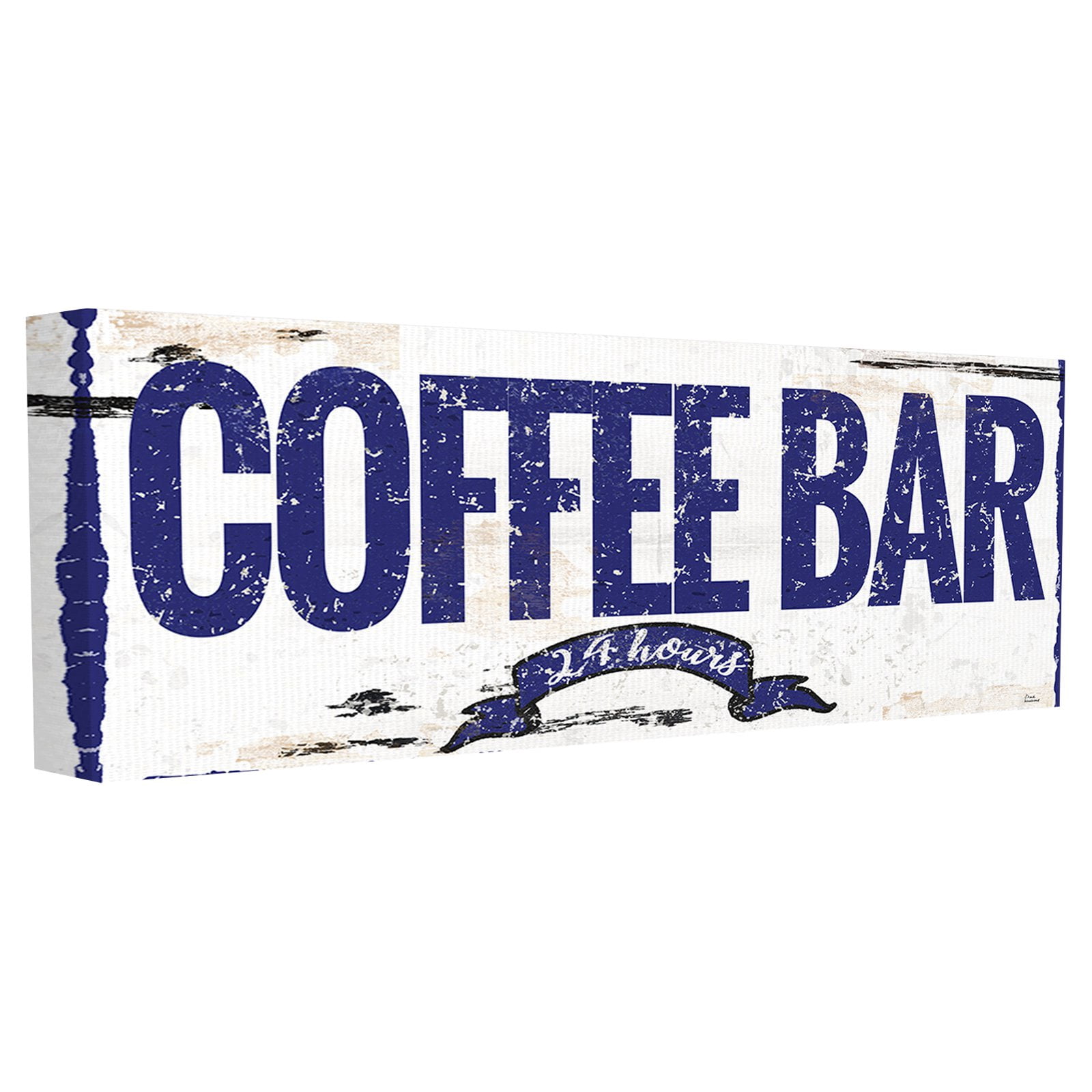The Stupell Home Decor Collection Blue and White Rustic Coffee Bar 24 Hours Sign with Ribbon Oversized Stretched Canvas Wall Art, 13 x 1.5 x 30