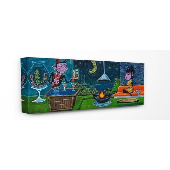 The Stupell Home Decor Collection Bold Monkey Tropical Resort Nighttime Scene Painting Stretched Canvas Wall Art, 13 x 30