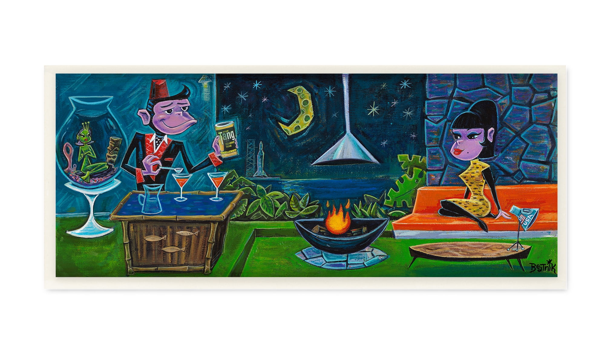 The Stupell Home Decor Collection Bold Monkey Tropical Resort Nighttime Scene Painting Wall Plaque Art, 7 x 17