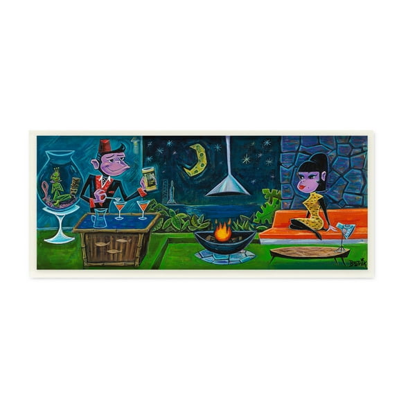 The Stupell Home Decor Collection Bold Monkey Tropical Resort Nighttime Scene Painting Wall Plaque Art, 7 x 17