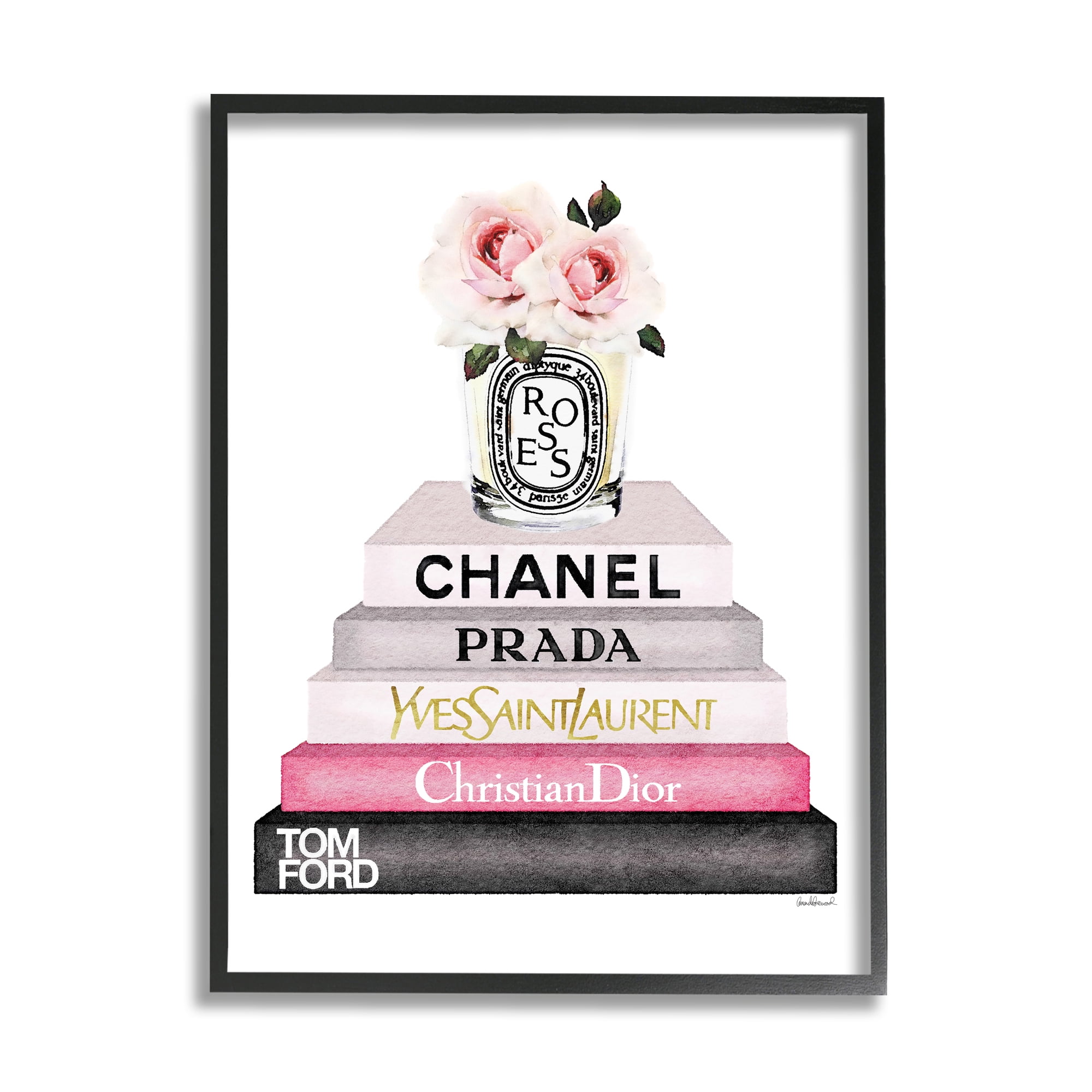 The Stupell Home Decor Collection Book Stack Fashion Candle Pink Rose Wall Art