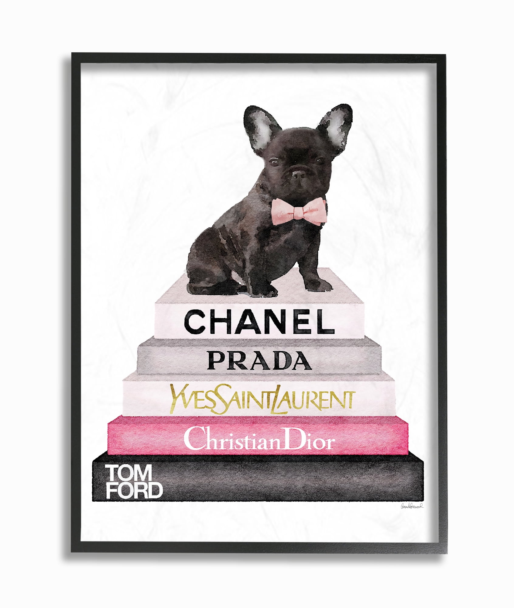 Framed Black French Bulldog on Fashion Books Canvas Print