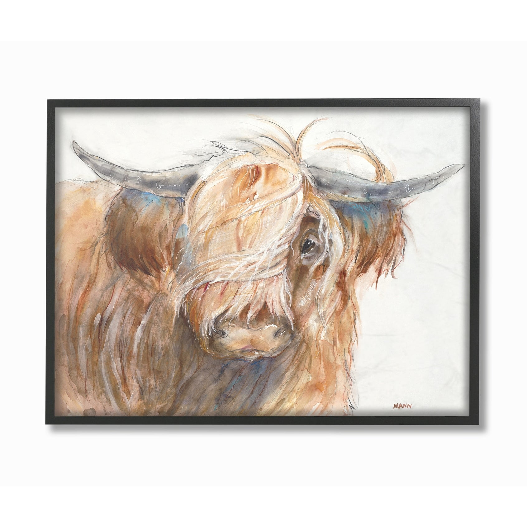 The Stupell Home Decor Collection Brown Horned Bull with Wind Swept Long Hair Painting Oversized Framed Giclee Texturized Art, 16 x 1.5 x 20