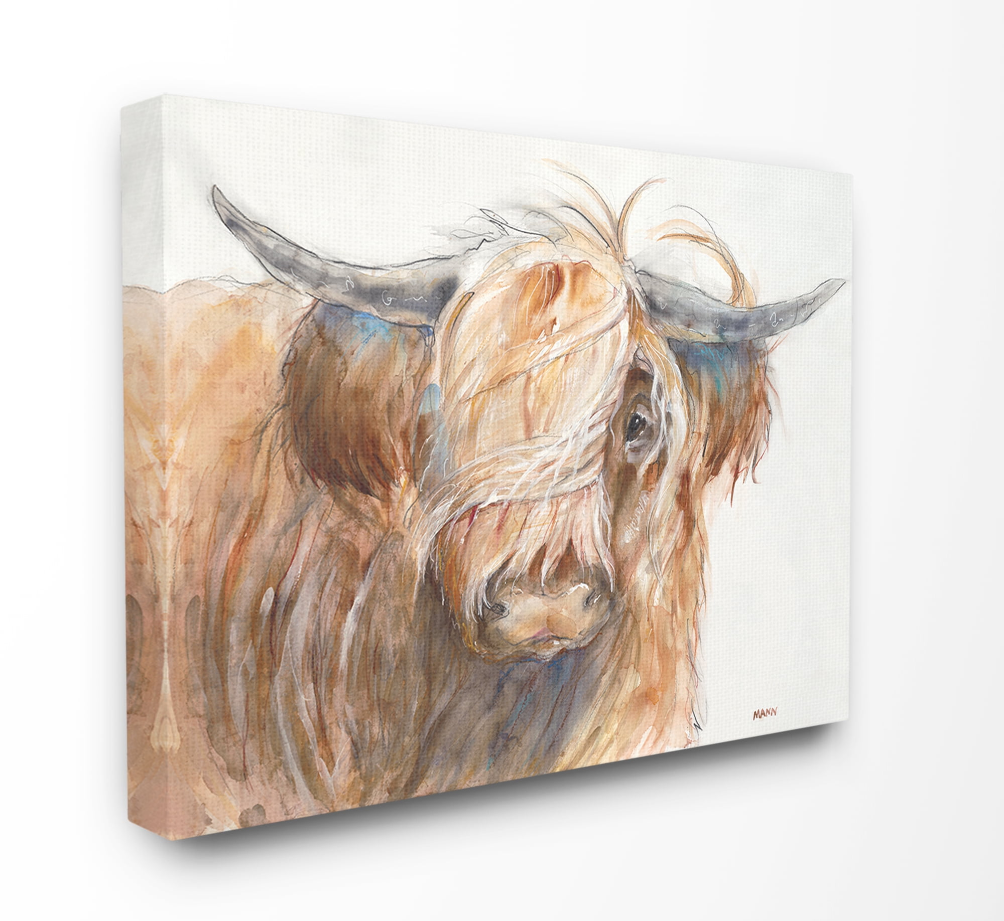 The Stupell Home Decor Collection Brown Horned Bull with Wind Swept Long Hair Painting XXL Stretched Canvas Wall Art, 30 x 1.5 x 40