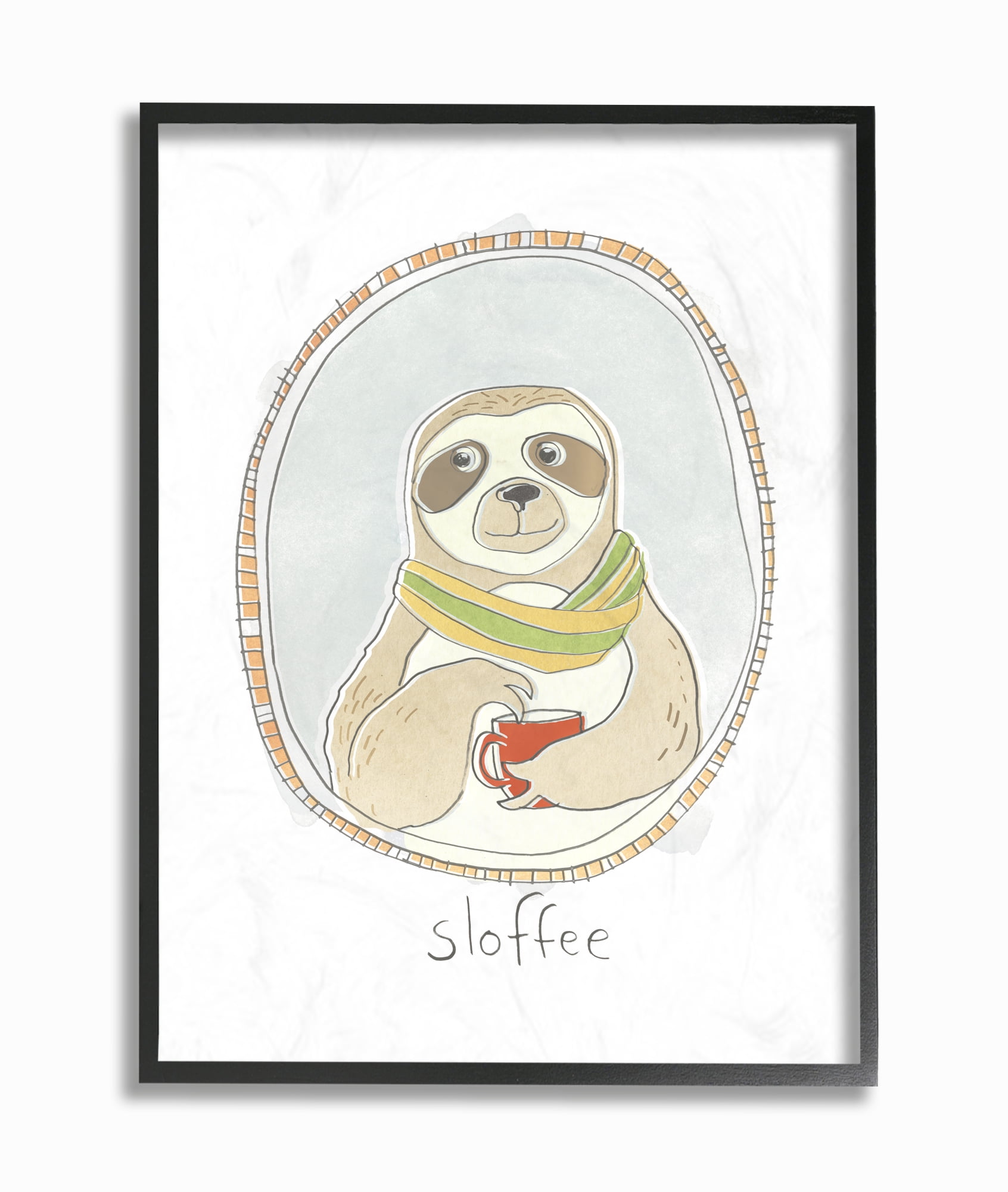The Stupell Home Decor Collection Caffeinated Cutie Sloffee Sloth Funny Cartoon Coffee Framed Giclee Texturized Art, 11 x 1.5 x 14