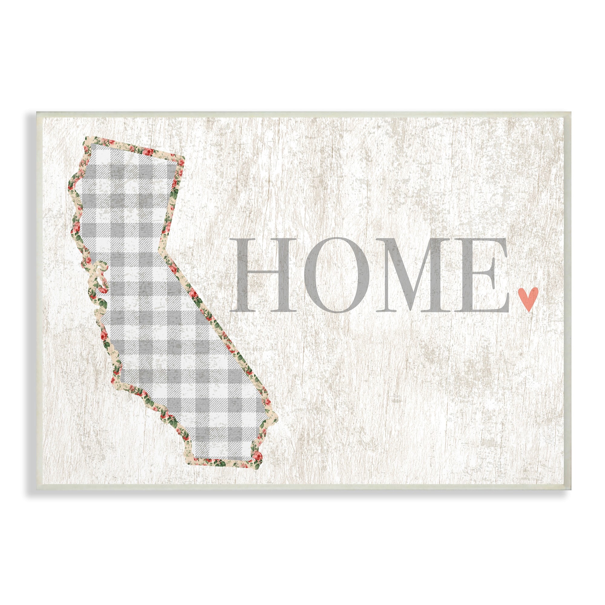 The Stupell Home Decor Collection California Grey Gingham and Floral Heart and Home Oversized Wall Plaque Art, 12.5 x 0.5 x 18.5