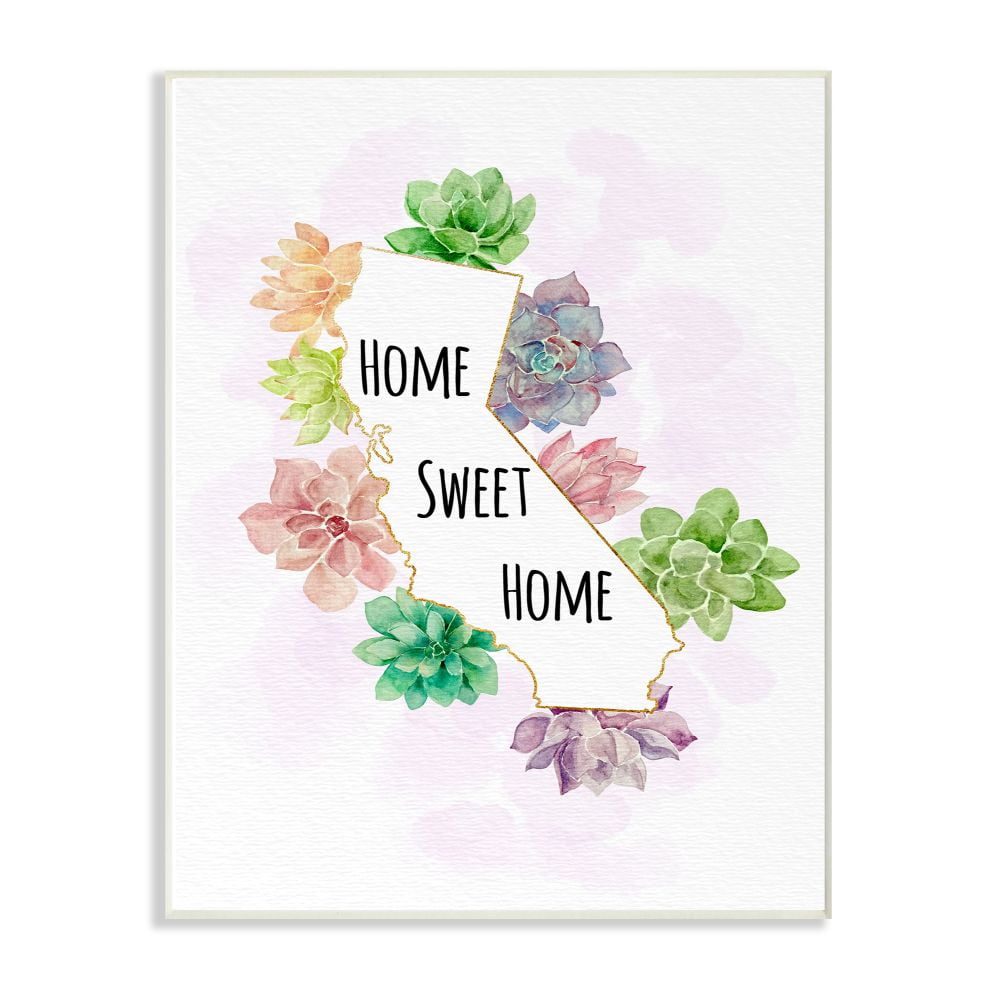 The Stupell Home Decor Collection California State Home Sweet Home Succulent Watercolor Vignette Wood Wall Art