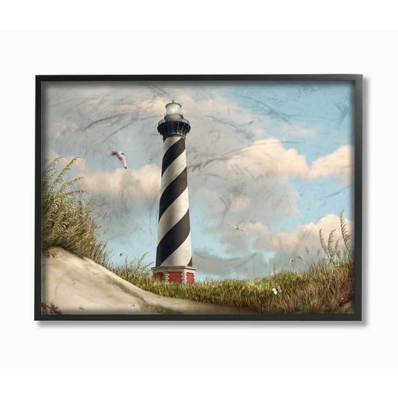 The Stupell Home Decor Collection Cape Hatteras Black and White Swirl Shore Side Lighthouse with Sand Dune Framed Giclee Texturized Art